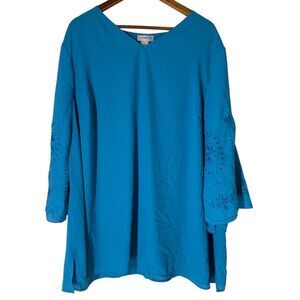 Catherines Blue Eyelet Lace Pull On Top Womens Sz 2X 3/4 Sleeve Casual V Neck